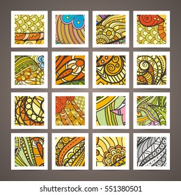 Set of four vector colorful intricate patterns. Doodle. Zentangle. Or