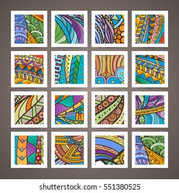 Set of four vector colorful intricate patterns. Doodle. Zentangle. Or