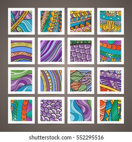 Set of four vector colorful intricate patterns. Doodle. Zentangle. Ornate background