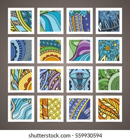 Set of four vector colorful intricate patterns. Doodle. Zentangle. Or