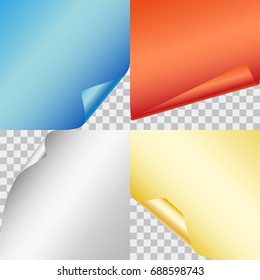 Set of four vector colorful shiny papers with curled corners isolated on transparent background