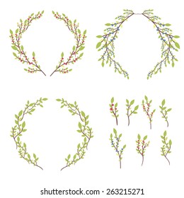 Set of four vector colorful wreath with red and blue berries. Collection of wreaths with leaves and elements. Set for invitations, save the date cards and other design.