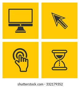 Set of four vector computer black pictograms, pc monitor, hourglass, coursor, touch screen finger pointer sign, user interface design elements