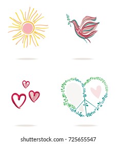 Set of four vector concept icons of a hearts and sun, peace symbol and pigeon with green twig.
