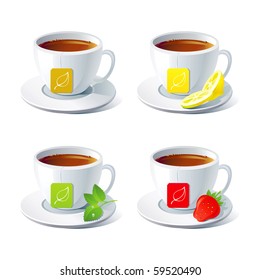 Set of four vector cups of tea with tea bag.