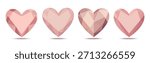 A set of four vector diamonds, heart-shaped stones in a soft pink hue, created using geometric facets on a clean. Perfect for Valentine