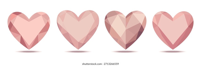 Ein Satz von vier Vektordiamanten, herzförmige Steine in einem weichen rosa Farbton, erstellt mit geometrischen Facetten auf einem sauberen. Perfekt zum Valentinstag, romantische Designs, Grußkarten, dekorative Elemente