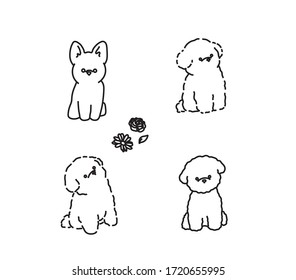 Set of four vector dogs. Puppy drawing. Doodle outline contour drawing. Sketch small tattoo. Dog icon symbol logotype. 