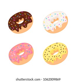  Set of four vector donuts with pink, yellow, white and chocolate glaze. Vector illustration.