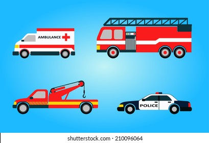 Set of four vector emergency vehicles including ambulance firetruck police tow truck isolated