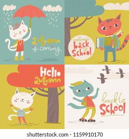 Set of four Vector flat vintage style welcome back to school cards with cartoon animals. Cats and foxes. 