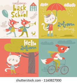 Set of four Vector flat vintage style welcome back to school designs with cartoon animals. Cats and foxes. 