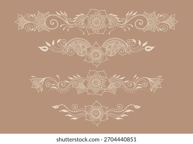 Un conjunto de cuatro bordes florales de Vector. Diseños intrincados y dibujados a mano inspirados en el arte indio del mehndi o la henna. Elegantes separadores en beige para invitaciones, menús o decoración de páginas.