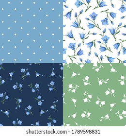 Set of four vector floral patterns with blue bluebell (campanula) flowers.