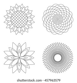 set of four vector floral simple mandalas - rose, sunflower, lotus and aster