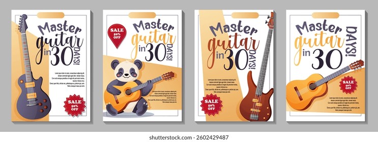 A set of four vector flyers featuring an electric guitar, bass guitar, acoustic guitar, and a panda for guitar lessons with a fifty percent discount  
