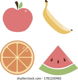 Satz von vier Vektorfrüchten, einschließlich Apfel, Banane, Orange und Wassermelone in sanften Pastellfarben