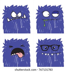 Set of four vector funny crazy monsters heads with different emotions on their faces. Vector illustration