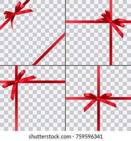 Set of four vector gift wrapping designs with red shiny realistic ribbons isolated on transparent background