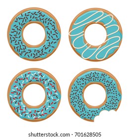 Set of four vector glazed donuts with blue cream