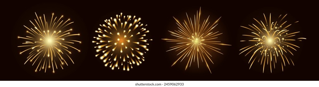 Set of four vector golden fireworks bursting in various shapes on a black copy space background. Firecracker rockets bursting in big sparkling star balls. Vector illustration representing celebration