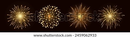 Set of four vector golden fireworks bursting in various shapes on a black copy space background. Firecracker rockets bursting in big sparkling star balls. Vector illustration representing celebration