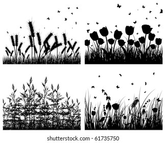 Set of four vector grass silhouettes backgrounds