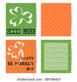 Set of four vector greeting cards with green and orange background, polka dot, hand drawn trefoil clover, lettering good luck and Happy St. Patricks Day, empty field for the name. Invitation.