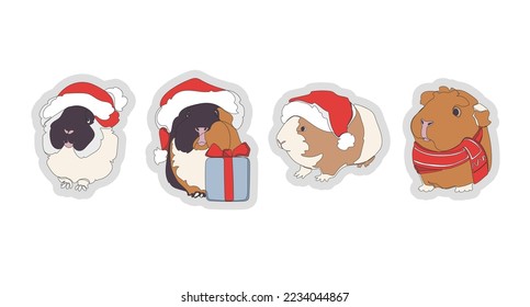 Set of four vector Guinea pigs in Santa hat isolated on white background.