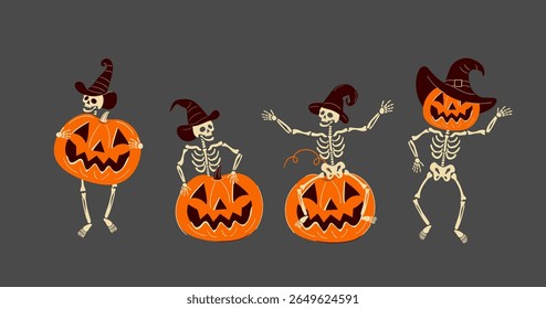 Conjunto de quatro caracteres vetoriais de Halloween. Esqueletos engraçados em chapéus de bruxa posando com abóboras esculpidas. Isolados mascotes assustadores e fofos para convites para festas ou desenhos festivos.