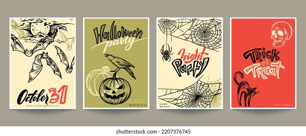 Set of four vector Halloween pre-made cards or posters with hand drawn elements and handwritten phrases. Collection of colorful templates for invitations, flyers.