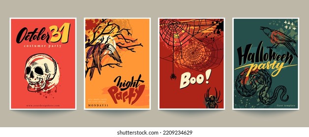 Set of four vector Halloween pre-made cards or posters with hand drawn elements, handwritten phrases, and abstract texture. Collection of colorful templates for invitations, flyers.
