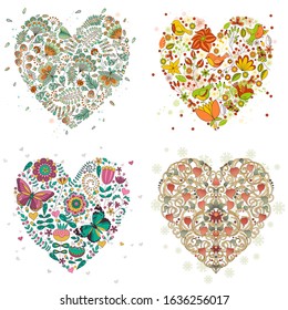 Set of four vector hearts. Flowers, ladybugs, butterflies, birds, drops and snowflakes. Cute colorful elements. Shape of heart. Symbol for Valentines Day. Can represent love and romance.