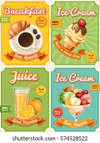 Set of four vector high detailed food posters. Coffee, Ice Cream, Juice. Cool typography elements. Good for cafe or bistro decorations. 
