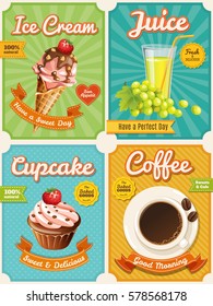 Set of four vector high detailed food posters. Ice Cream, Juice, Cupcake, Coffee.Cool typography elements. Useful for cafe or bistro or restaurant advertisement. 
