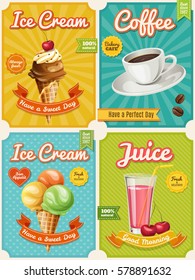 Set of four vector high detailed food posters. Ice Cream, Juice, Cupcake, Coffee.Cool typography elements. Useful for cafe or bistro or restaurant advertisement. 