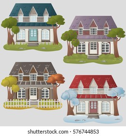 Set of four vector houses. Houses in different seasons of the year.