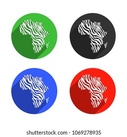 Set of four vector icons of Africa map with zebra stripe pattern on circular background