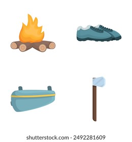 Set of four vector icons depicting camping equipment including a campfire, hiking shoe, fanny pack, and axe