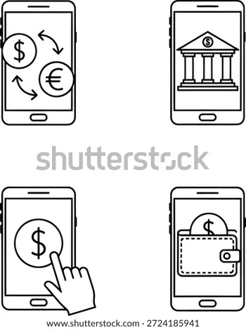 A set of four vector icons depicting mobile banking and financial transactions. The icons show currency exchange, bank building, touchscreen payment, and secure digital wallet.