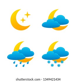 Set of four vector icons with different night weather. Starry, cloudy, raind and snowfall isolated on the white background. 
