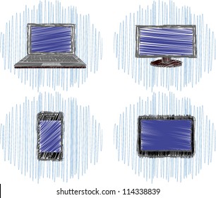 Set of four vector icons drawn in pencil on digital technology