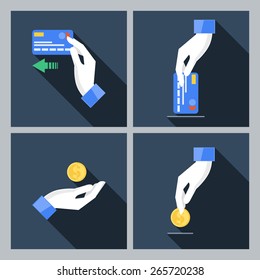 Set of four vector icons with hands holding the coins and credit cards