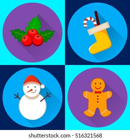 Set of four vector icons for New Year and Christmas. Snowman, Christmas sock, holly berry and gingerbread man