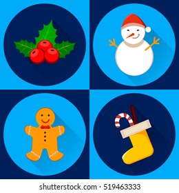 Set of four vector icons for New Year and Christmas. Holly berry, snowman, gingerbread man and Christmas sock