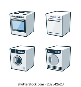 Set of four vector icons of an oven cooker, dishwasher, washing machine and dryer 