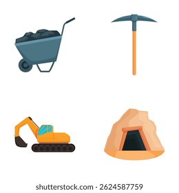 Set of four vector icons representing mining and construction, including equipment and mine entrance