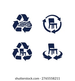 Set of four vector icons representing sustainable practices for furniture and wood recycling promoting circular economy principles and environmental care.