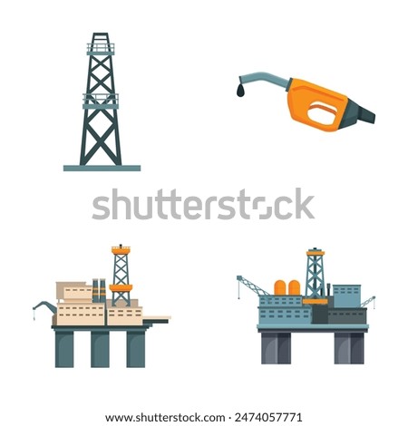 Set of four vector icons representing oil extraction and processing equipment