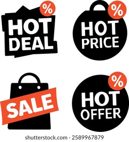  Set of four vector icons for sales and promotions: Hot Deal, Hot Price, Sale, Hot Offer.